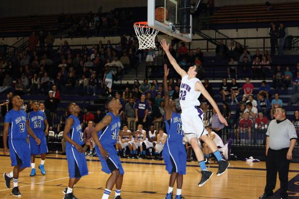Sophomore Aaron Hughes goes up for two-points against Palo Duro defenders in the Feb. 5 victory over the Dons. Hughes led Canyon with 22-points in the game. 