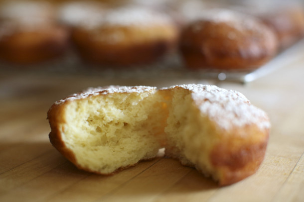 Krofi (raised doughnuts), a light and lemony fried pastry from Slovenia, are best fresh, but keep well for a day, and so may be made the night before and served for breakfast.