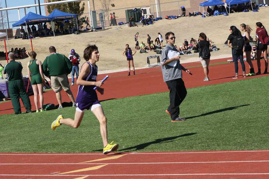 Sophomore Joseph Trevino runs his leg of the 3200 relay at the Canyon meet.