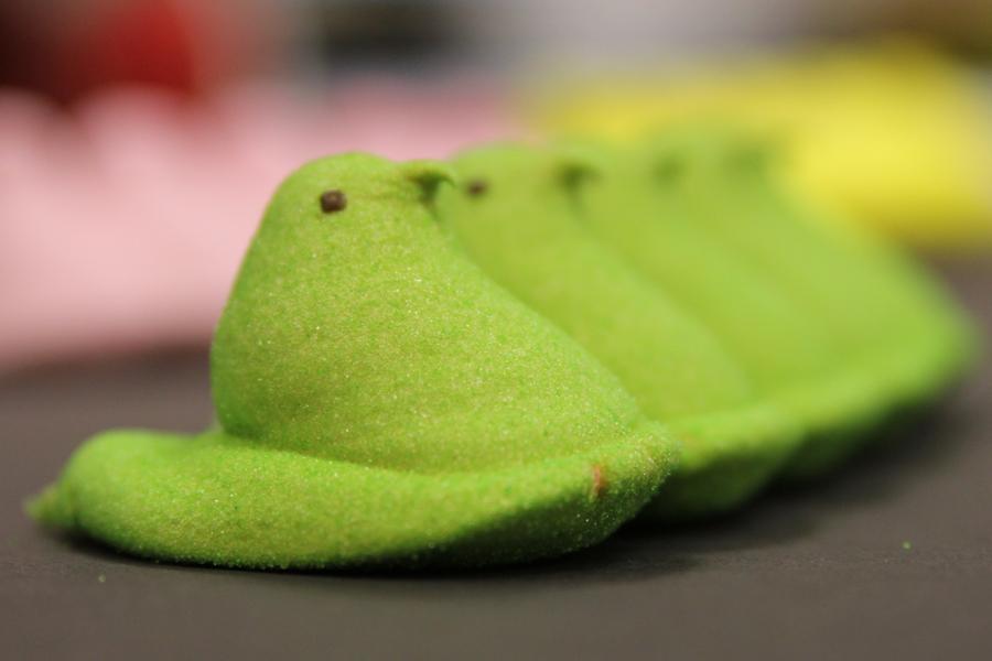 The Sour Watermelon Peep has 130 calories and 27 grams of sugar in five Peeps.