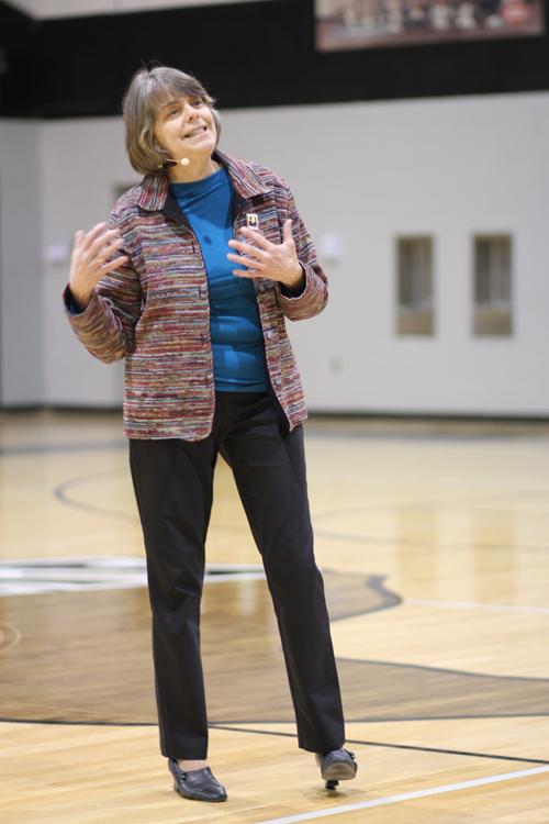 Mary Beth Tinker, of the Tinker Tour and Tinker vs. Des Moines, speaks to area students gathered at Randall High School.
