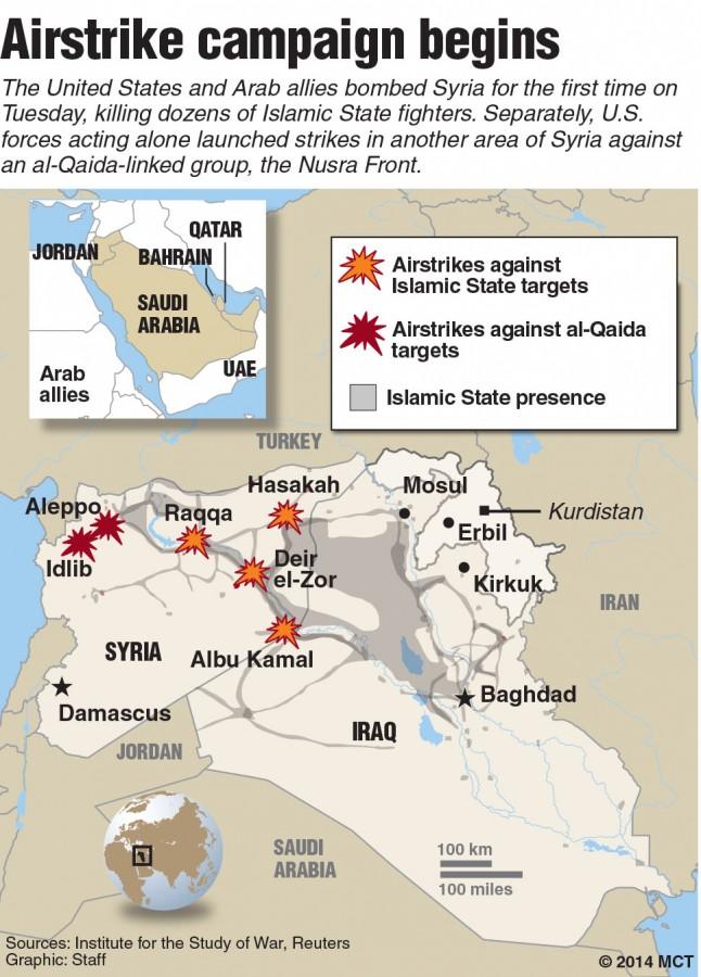 Map locating airstrikes in Syria on Tuesday.