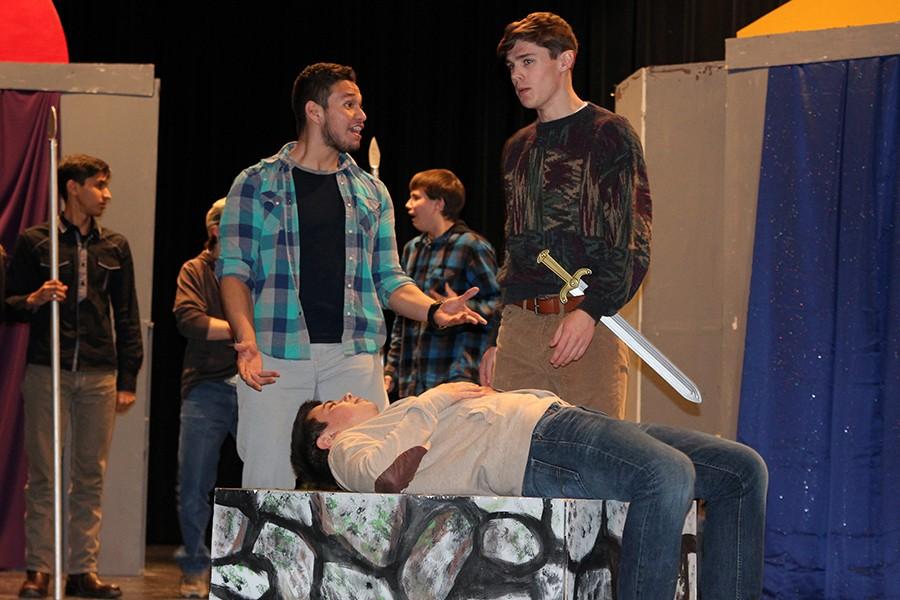 Junior Ismael Granda, sophomore Maverick Evans and junior Nick Yarbrough rehearse the play A Comedy Tonight! which they will perform Jan. 25 and Jan. 26.
