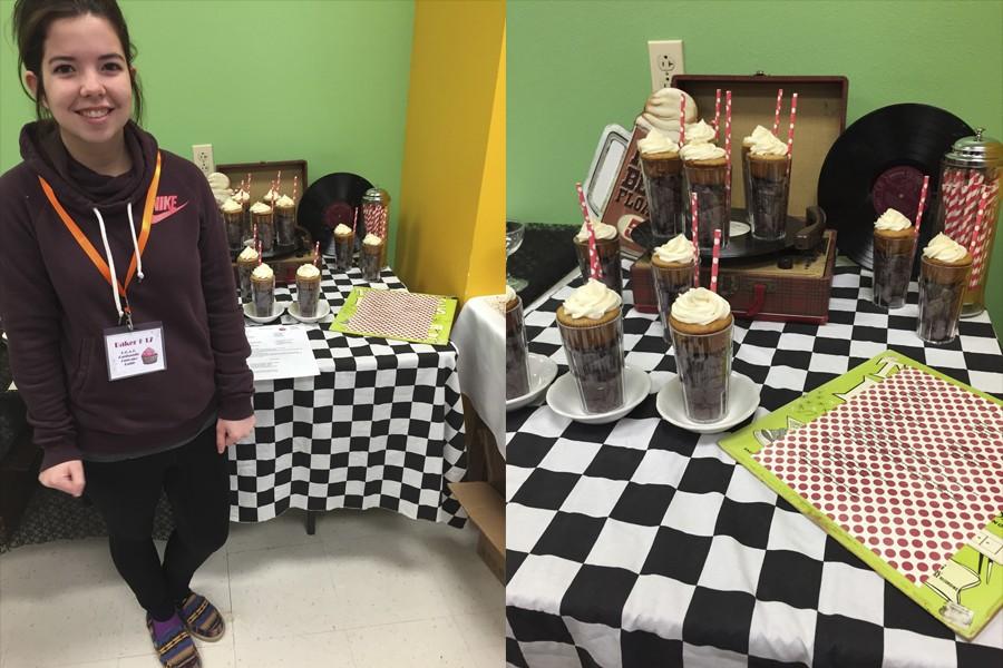 Senior Kassi Price with her third place entry at the HEAT Cupcake Battle and her winning display.