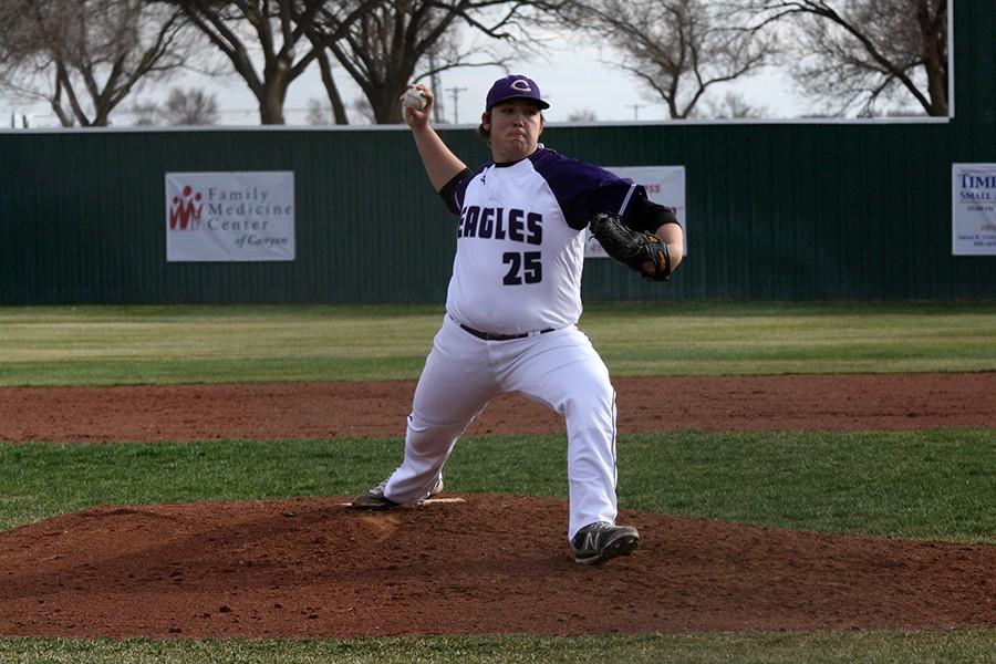 Junior  Caysan Lytal throws a pitch at a varsity home scrimmage Feb. 16 against Perryton. 