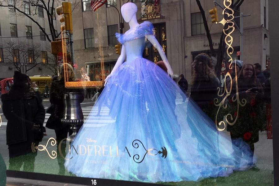 The actual dress worn by Lily James in the live action movie Cinderella was featured in a display window of Saks Fifth Avenue in New York City in March.
