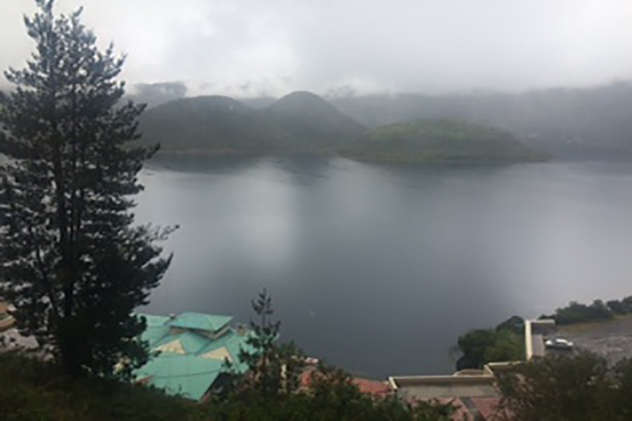 The view from a restaurant that overlooks a volcanic crater lake in Cotacachi, Ecuador.