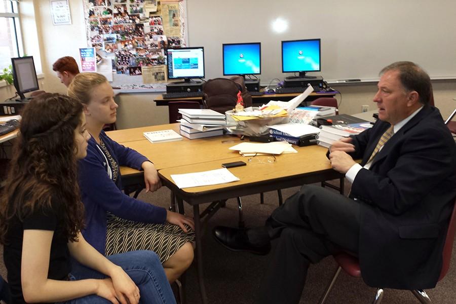 Editors Tasha Brown and Allison Koontz discuss the bond with Superintendent Mike Wartes.  