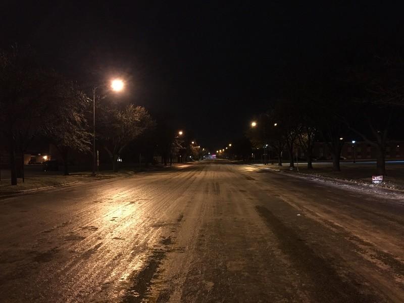 Russel Long Boulevard covered in a thick layer of ice Friday evening
