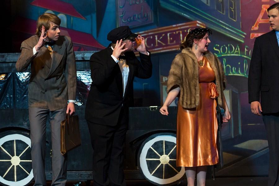 Senior stage manager Ben Bingham (second from left) played the role of the chauffeur in the musical Crazy for You.