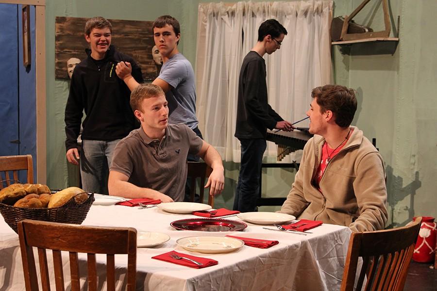 At the dinner table, Mr. Henderson, played by junior Maverick Evans, informs Mr. Vanderhoff, played by junior Garret Brown, that he owes the government 24 years in back taxes.
