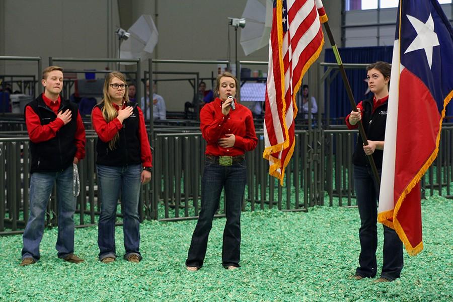 Senior Blakelee Brownd sings the national anthem Friday, Jan. 15 at the Randall County Junior Livestock Show. 