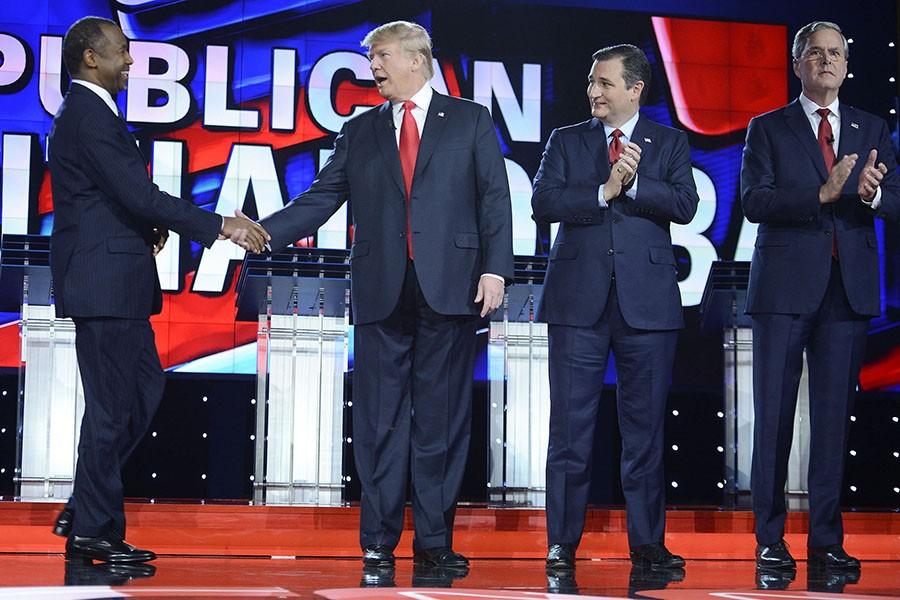 GOP presidential candidates Dr. Ben Carson, Donald Trump, Sen. Ted Cruz (R-Texas) and Jeb Bush on stage during the CNN Republican presidential debate at the Venetian in Las Vegas on Tuesday, Dec. 15, 2015. (Used with permission/MCT/Riccardo Savi/Sipa USA/TNS)