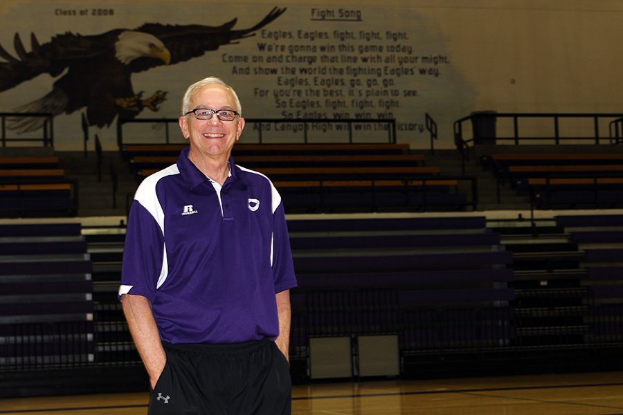 Lady Eagle head coach Joe Lombard will be inducted into the Womens Basketball Hall of Fame June 11. For now, he continues practice in the gym, under the watchful eye of the eagles in murals painted on the walls.