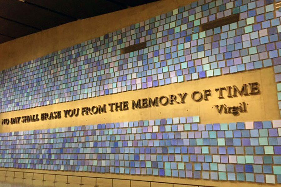 A wall in the 9/11 museum depicts a mural of shades of blue, representing the sky Sept. 11, 2001.