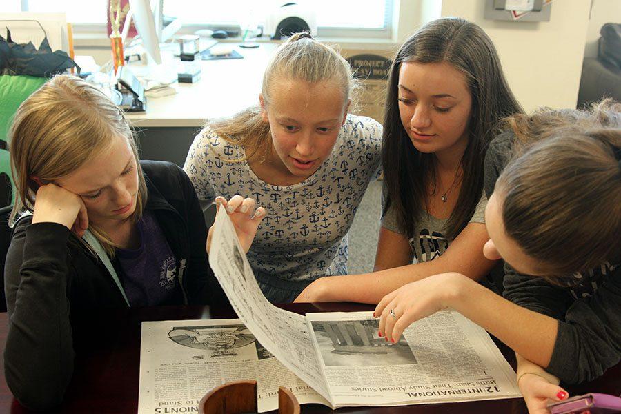 Canyon High journalism students Katelyn Spivey, Josie Brown, Aubrey Skinner and Krissy Niles explore West Texas A&M Publications during the workshop tour.