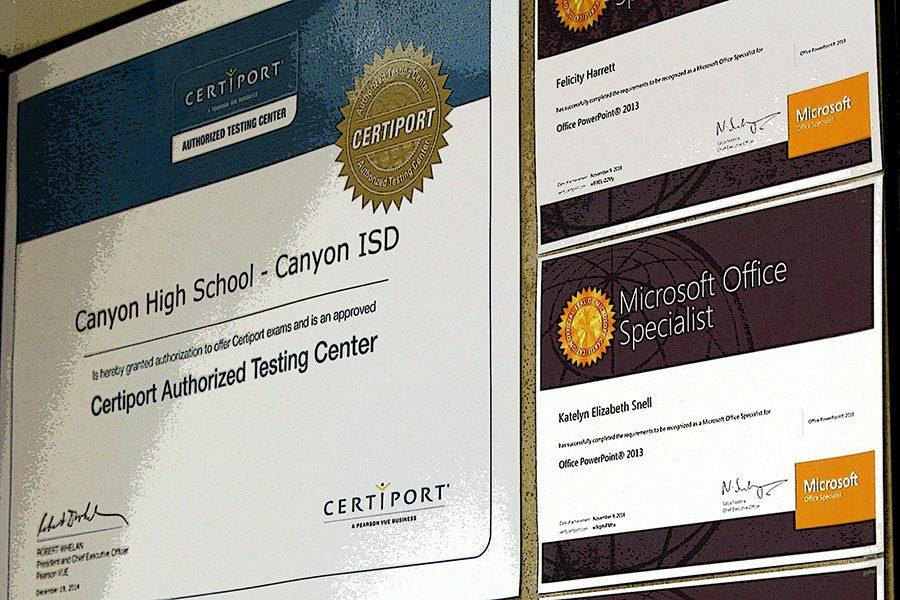 Certificates line the 1300 hall in recognition of the Microsoft Office Specialists trained at Canyon High School.