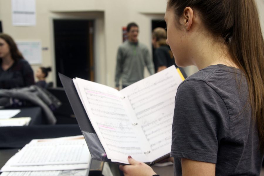 Sophomore Krissy Niles practices the music assigned to the area audition in the choir room during activity period.
