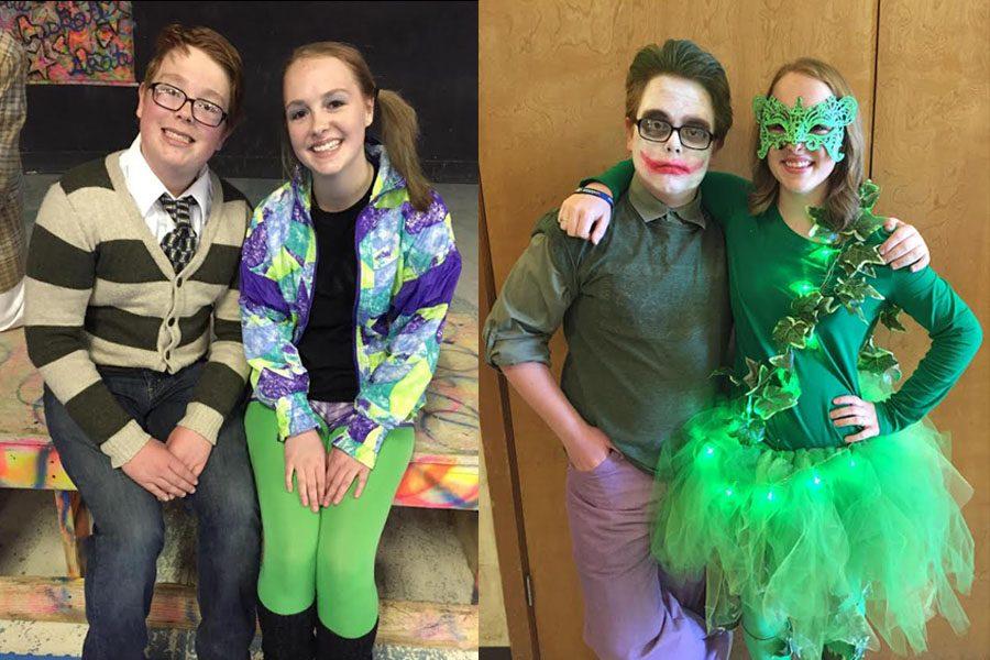 Seth and Sarah Nease dress up for church parties as Mr. Rogers and a Zumba instructor on the left and The Joker and Poison Ivy on the right.