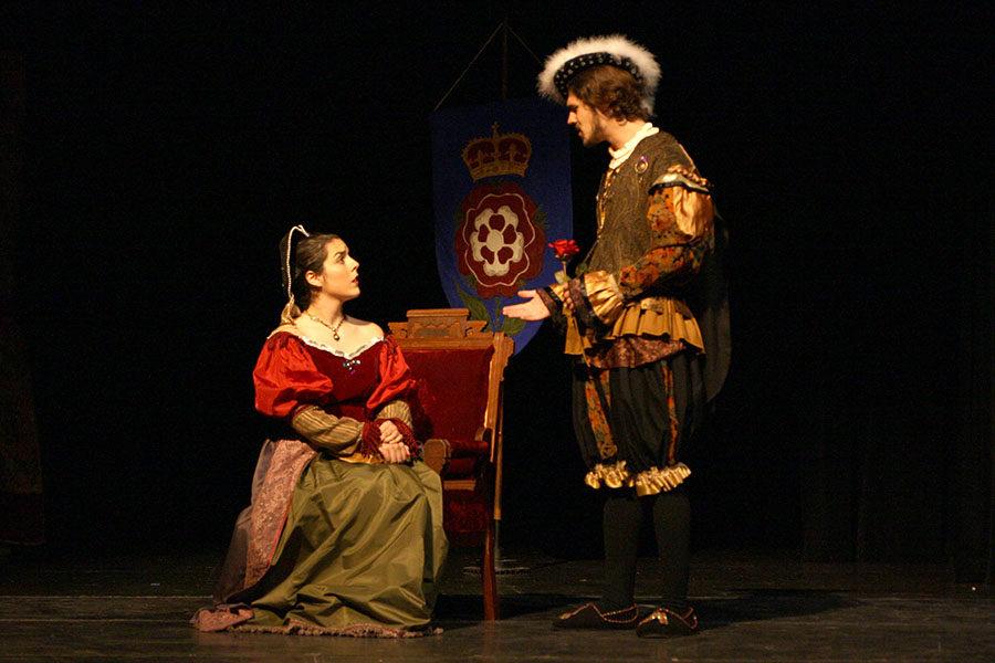 Sophomore Kendall Carnahan and senior Maverick Evans as Anne Boleyn and King Henry VIII in Anne of a Thousand Days.