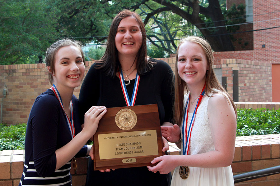 Sophomore Erin Sheffield and seniors Callie Boren and Sarah Nease celebrate their state championship at the University of Texas in Austin.