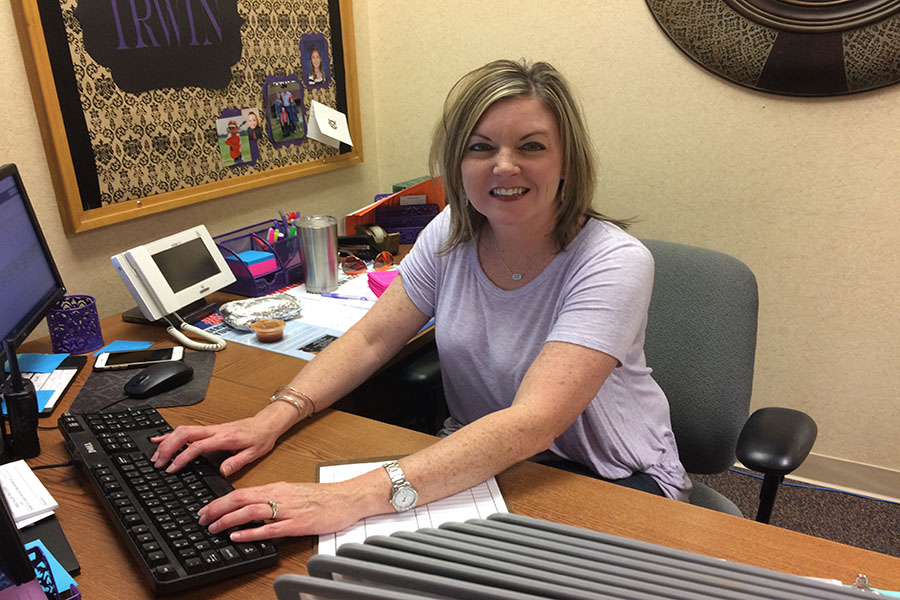Students can find secretary Brooke Irwin at her desk in the front office