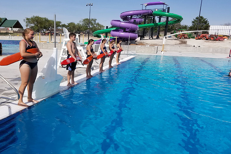 Students line up to swim at the Canyon Aqua Park.