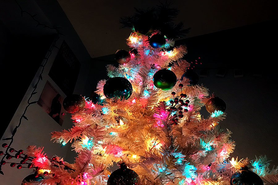 Lights adorn a decorated tree in Katelyn Spiveys room.
