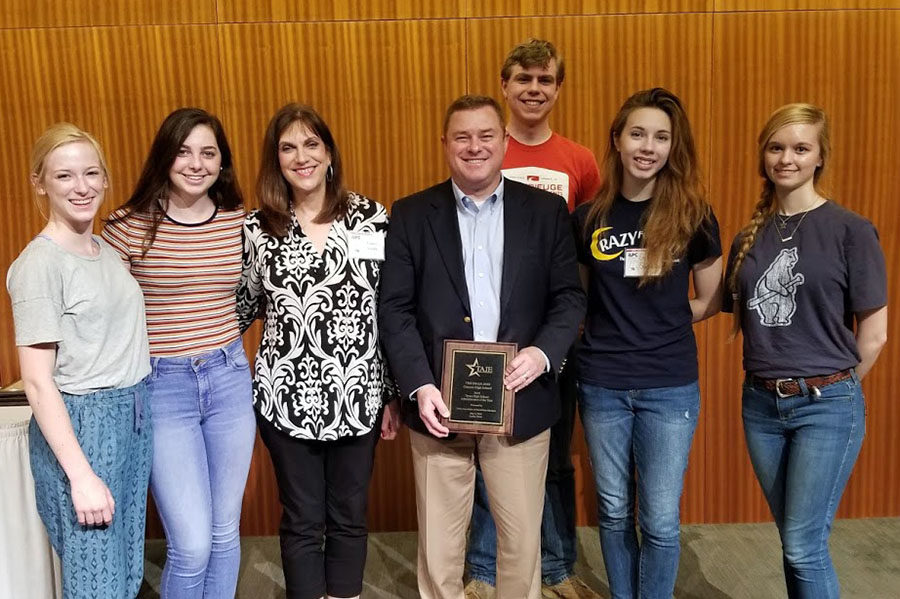 Junior Katelyn Spivey, sophomore Haley Williams, newspaper and yearbook adviser Laura Smith, senior Jaren Tankersley, junior Erin Sheffield and sophomore Macy McClish attended the Interscholastic League Press Conference where Principal Tim Gilliland was named TAJE Administrator of the Year.