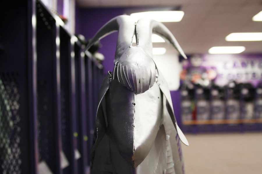 The newly minted GOAT trophy stands ready for the winner of the Canyon versus Randall football game.