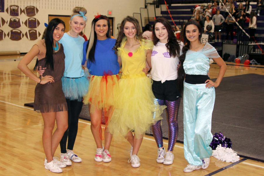 Inspired by Disney characters, cheerleaders dressed in costume for the Nov. 2 pep rally. Alyssa Lackey, Jordan Smith, Addy McCollum, Andi Wilcox, Halee Owen and Kiki Khan represent a variety of Disney heroines.