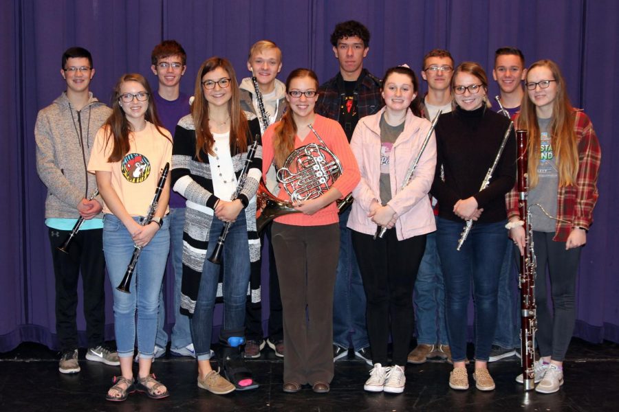 A record-setting 12 band members earned spots in the TMEA All-State Band. They include (left to right) Blake Usleton, Lily Williams, Charles Neal, Maggie Bell, Tobin Brooks, Aryauna Thompson, John Flatt, Bella Haynes, Ian Hughes, Kate McKinney, Cory Robbins, and Meghan Brooks.
