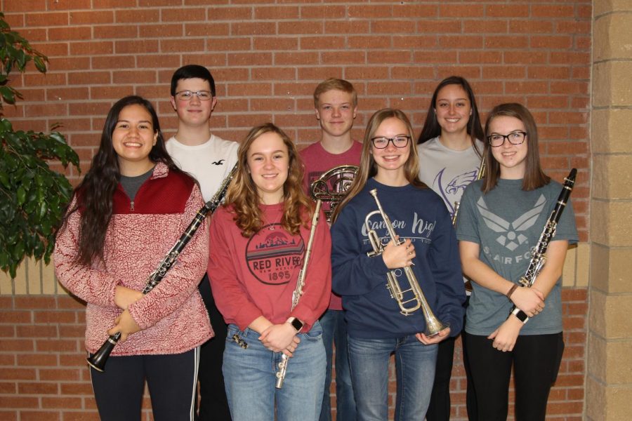 The seven Canyon students to qualify for 4A All-State Band include (left to right) junior Leigh Cano, sophomore Blake Usleton, junior Hannah Hamil, senior Wade House, junior Aubyn Nall, sophomore Bree Castleberry and junior Lily Williams.
