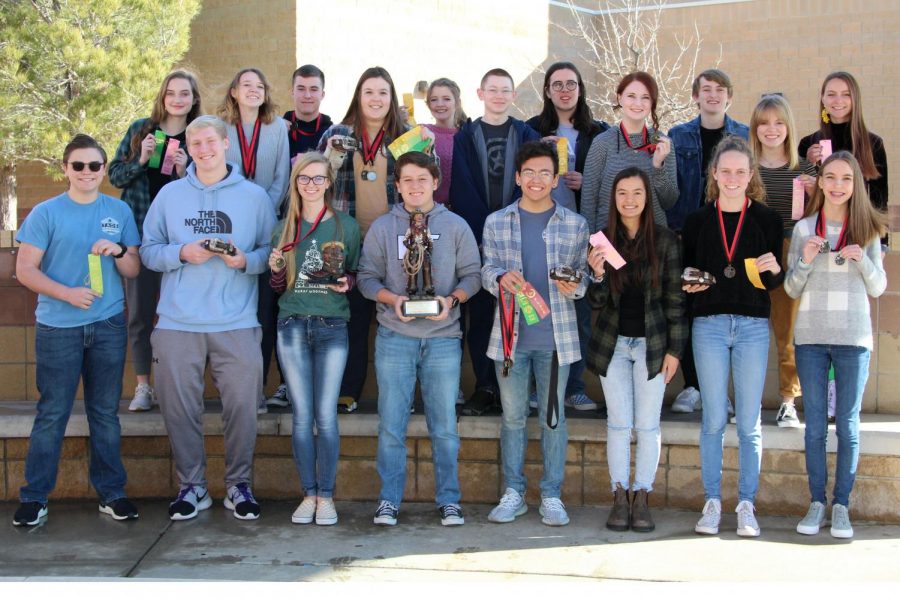 The UIL team consisting of (left to right) Brooklyn Pernell, Claire Meyer, Blake Loria, Cally Lytal, Kodi Hicks, Michael Branton, Josiah Kinsky, Brooklyn Cornelsen, Luke Bruce, Charlie Alexander, Aleah Appel, Brett Rose, Cooper Smith, Macy McClish, Isaac Kendrick, Julian Sewell, Sam Fernandez, Madison Hill and Hannah Backus competed in various UIL events including science, math, social studies, computer science, journalism and literary criticism.