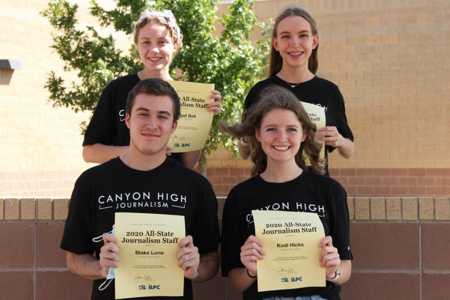 Seniors Blake Loria and Kodi Hicks (front) and juniors Abigail Bell and Hannah Backus (back) were named to the 2020 All-State Journalism staff along with graduates Luke Bruce, Claire Meyer and Macy McClish (not pictured). Hicks said