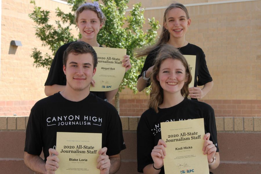 Seniors Blake Loria and Kodi Hicks (front) and juniors Abigail Bell and Hannah Backus (back) were named to the 2020 All-State Journalism Staff along with graduates Luke Bruce, Claire Meyer and Macy McClish (not pictured). Student journalists across Texas can earn the title by accumulating 50 points from competing in UIL and winning awards for stories.