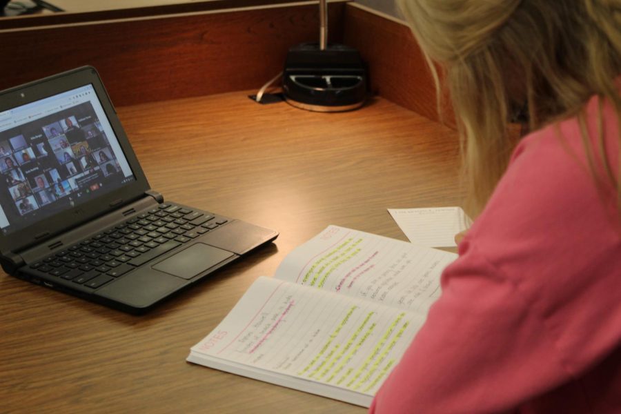 Teen Leadership member Neely Wood writes a goal for the month of December to be a better role model during a meeting. Wood, a senior, is one of four Canyon High students who meet monthly with members form other schools through Zoom. Wood said the program, which is offered across the Texas Panhandle, teaches students leadership skills and allows them to take part in and change their community.