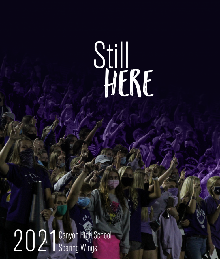 The cover of Volume 100 of the Soaring Wings Yearbook showcases the student section of a home football game with a color gradient overlay, which is an theme element used throughout the book.