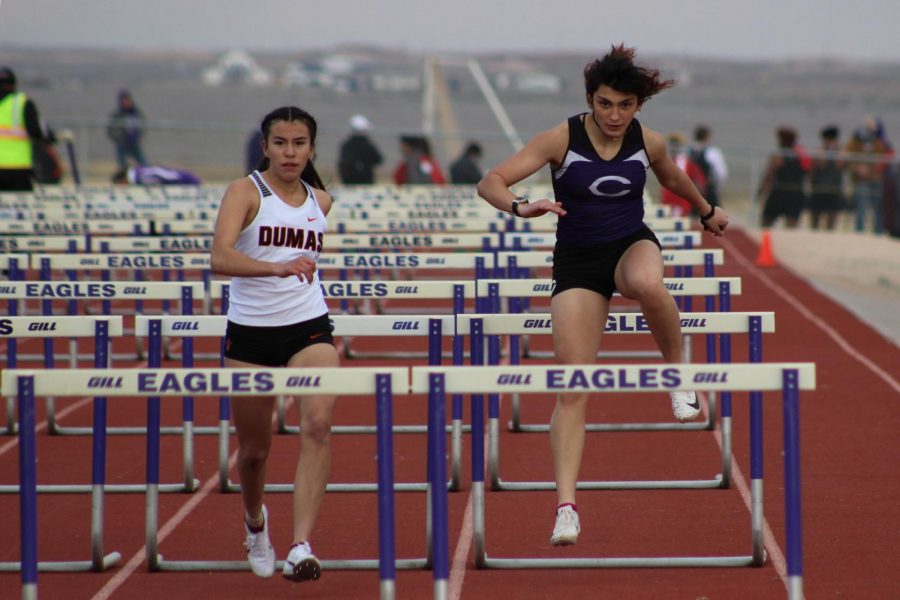 Junior Samara Ramirez runs the 100 meter hurdles. “I love running hurdles,’ said Ramirez “The 300 meter hurdles is my favorite race. I work really hard to be my best. I have had to change and adjust the way I run. Coach Baca has been really good at teaching me; he has pushed me and made me do things I never thought I could do.”