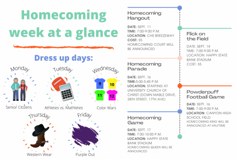 Students have the chance to attend multiple homecoming events Sept. 11-17. In replacement of the original homecoming dance, Student Council has planned a Homecoming Hangout, open to all students. The week also features Flick on the Field, an old CHS tradition, and the annual homecoming parade and powderpuff game. The week concludes with the homecoming game Friday from 7-10 p.m.