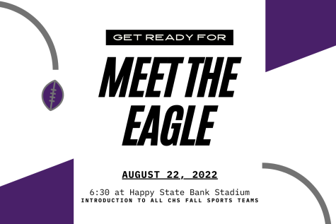 An infographic with the title, Meet the Eagle in the center. Under the title it says Monday August 22, 2022 and that all CHS fall sports teams will be announced. It has purple shapes and gray lines.