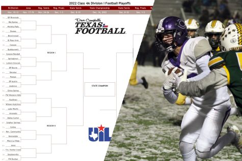 Dave Campbells UIL 4A Playoff bracket with a photo of senior Christopher Labue running the football against the Harvesters. Labue had two touchdowns to lead the Eagles to victory 24-12 against Pampa. The Eagles will face Burkburnett on Friday for the Bi-District game in Childress.