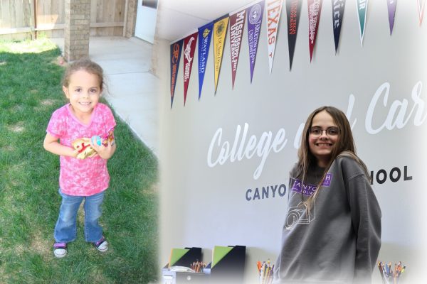 Alexis Martinez poses in the College and Career center and make a collage with a picture from when she was younger.