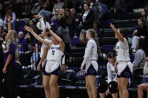 Lady Eagles celebrate teammates shot.