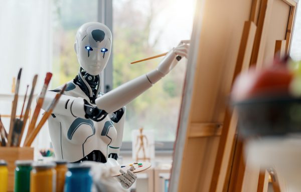 Creative humanoid robot working in the art studio, painting on canvas